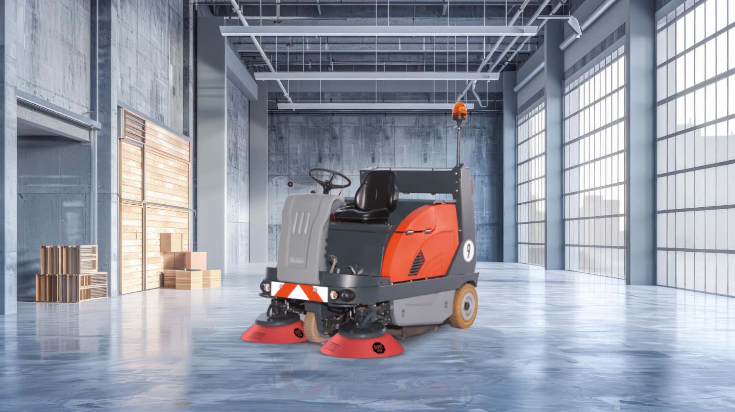 Varredora industrial Hako Sweepmaster 1200 RH num armazém moderno